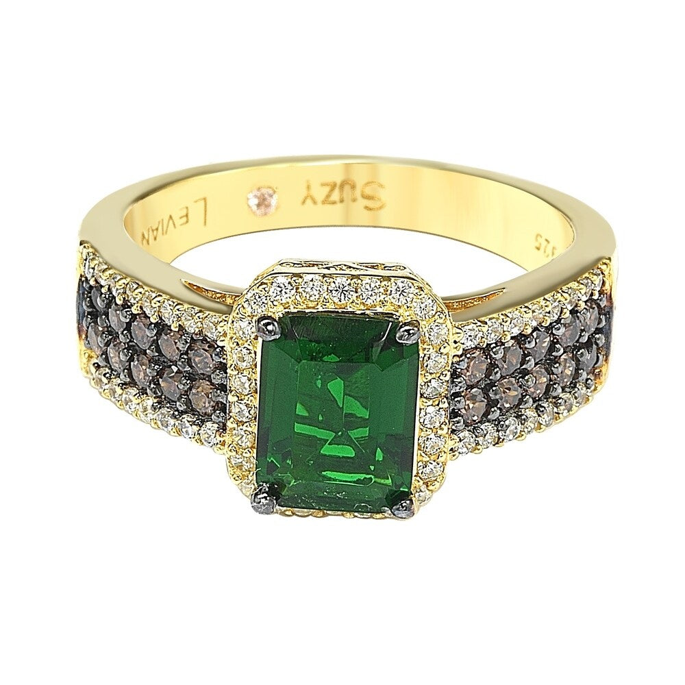 Suzy Levian Golden Sterling Silver Emerald-Cut Green and Brown Cubic Zirconia Halo Ring