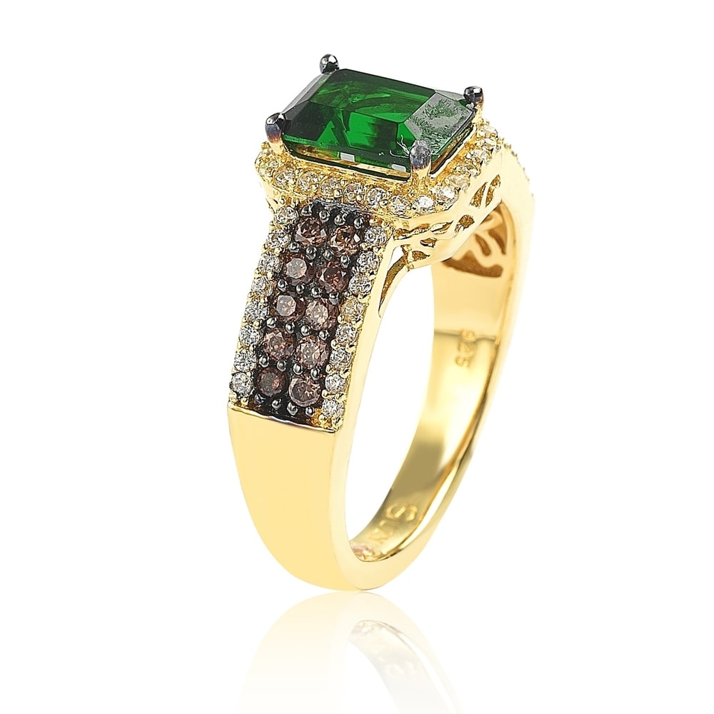 Suzy Levian Golden Sterling Silver Emerald-Cut Green and Brown Cubic Zirconia Halo Ring