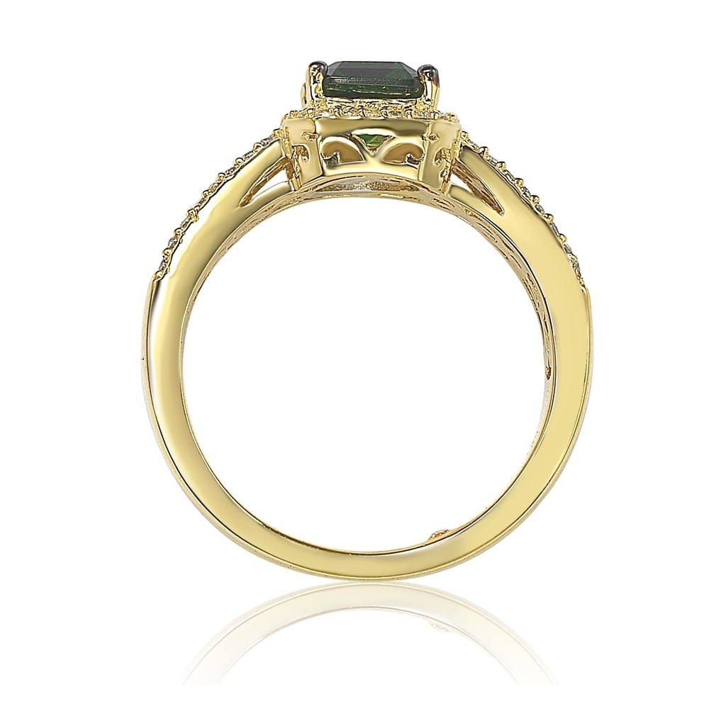 Suzy Levian Golden Sterling Silver Emerald-Cut Green and Brown Cubic Zirconia Halo Ring