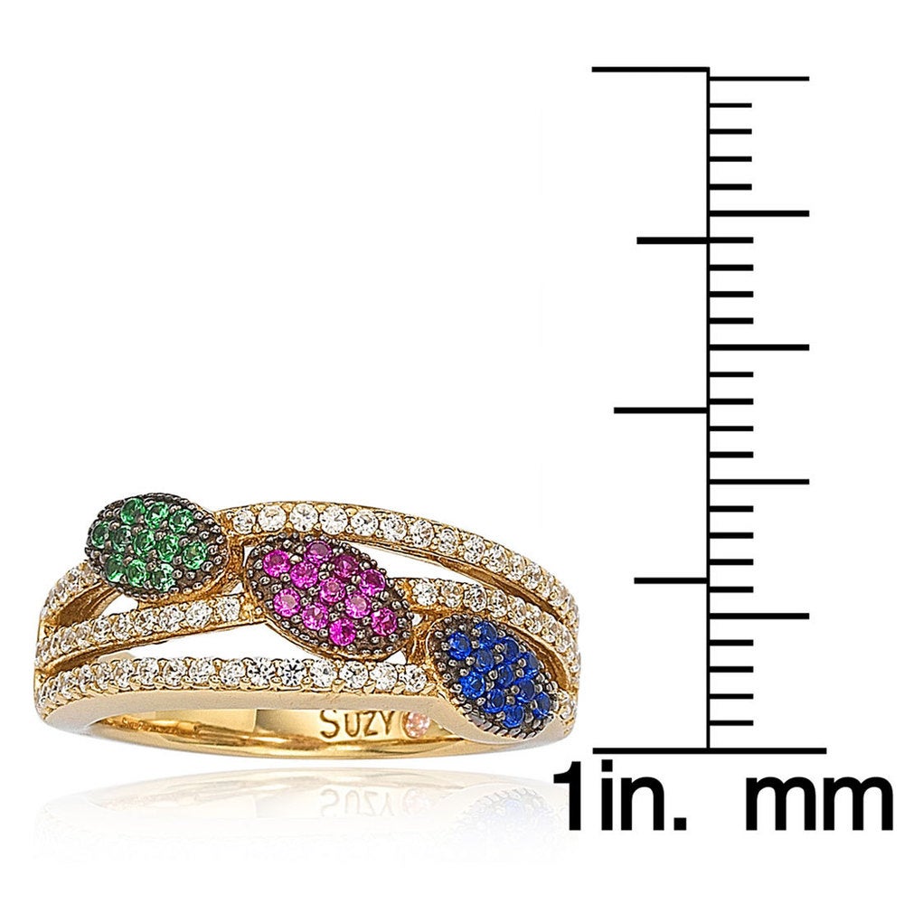 Suzy Levian Gold plated Sterling Silver Blue Red and Green Pave-set Cubic Zirconia Ring