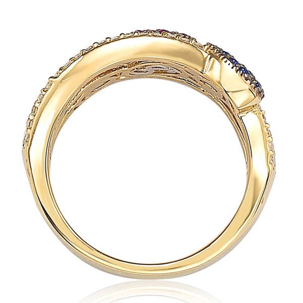 Suzy Levian Gold plated Sterling Silver Blue Red and Green Pave-set Cubic Zirconia Ring