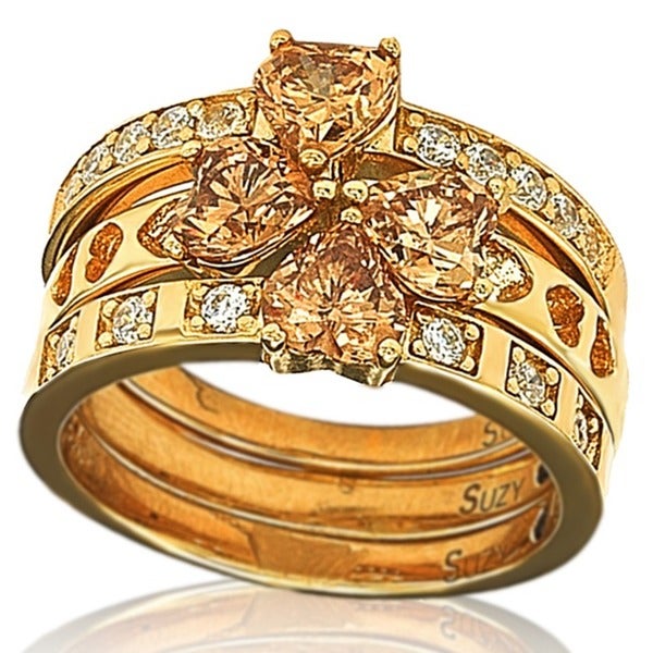 Suzy Levian Gold plated Sterling Silver Cubic Zirconia 3-piece Stackable Ring Set