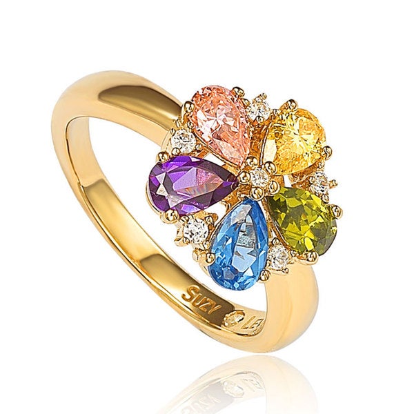 Suzy Levian Gold plated Sterling Silver Multi-colored Cubic Zirconia Floral Ring