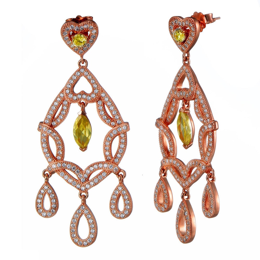 Suzy Levian Rosed Sterling Silver Green Cubic Zirconia Heart Dangle Earrings