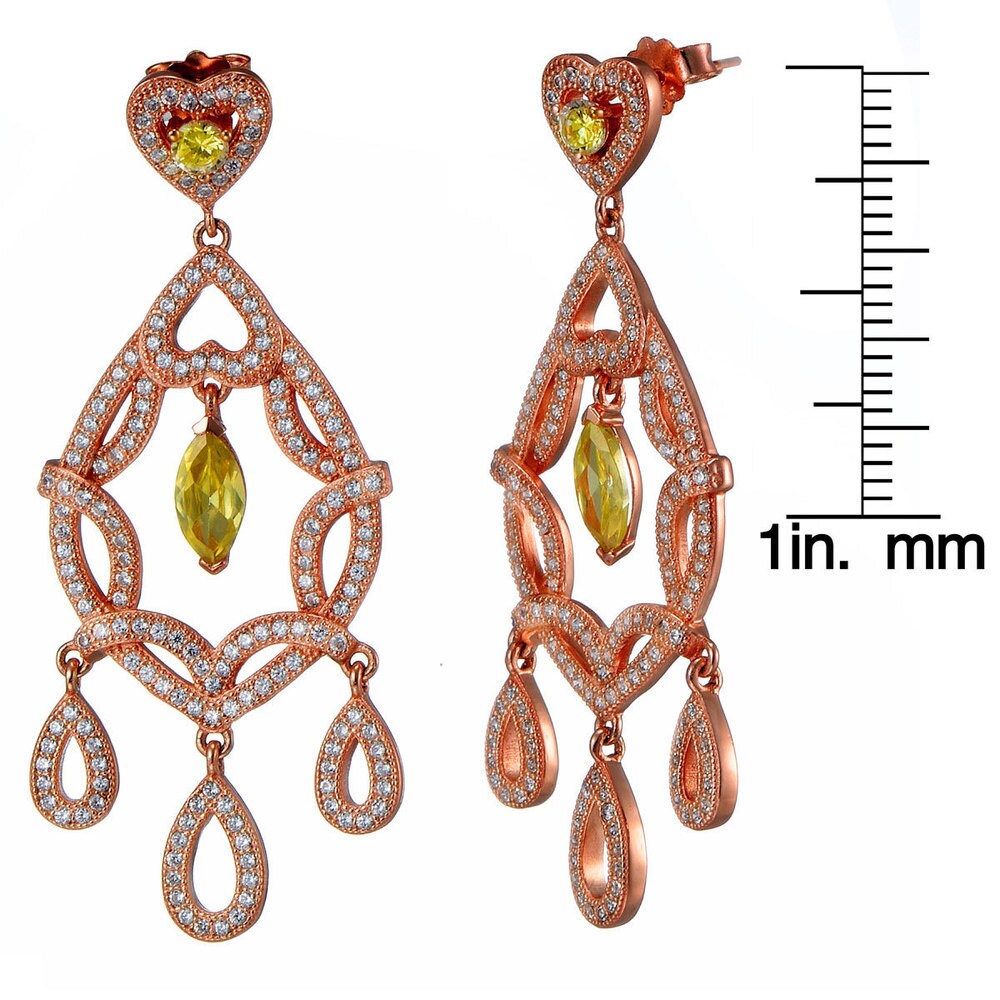Suzy Levian Rosed Sterling Silver Green Cubic Zirconia Heart Dangle Earrings