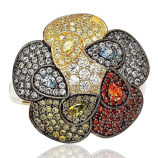 Suzy Levian Pave Cubic Zirconia Sterling Silver Multi-Color Flower Ring