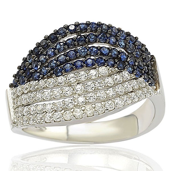 Suzy Levian Pave Cubic Zirconia Sterling Silver Weaving Blue and White Ring