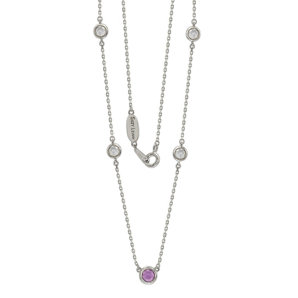 Suzy Levian Pink Sapphire & Diamond Accent (1.50cttw) Sterling Silver 5 Stone Station Necklace