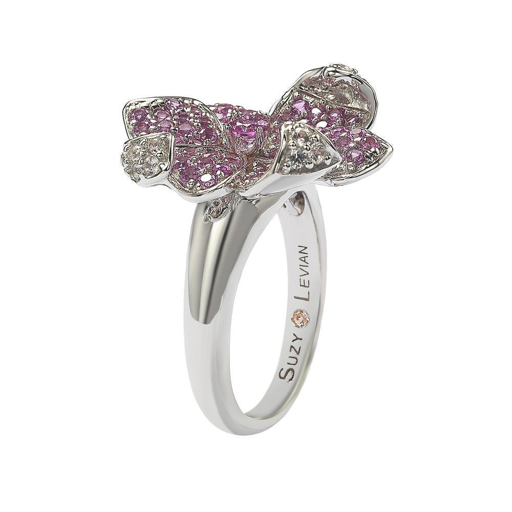 Suzy Levian Pink Sapphire and Diamond Accent in Sterling Silver Flower Petal Ring