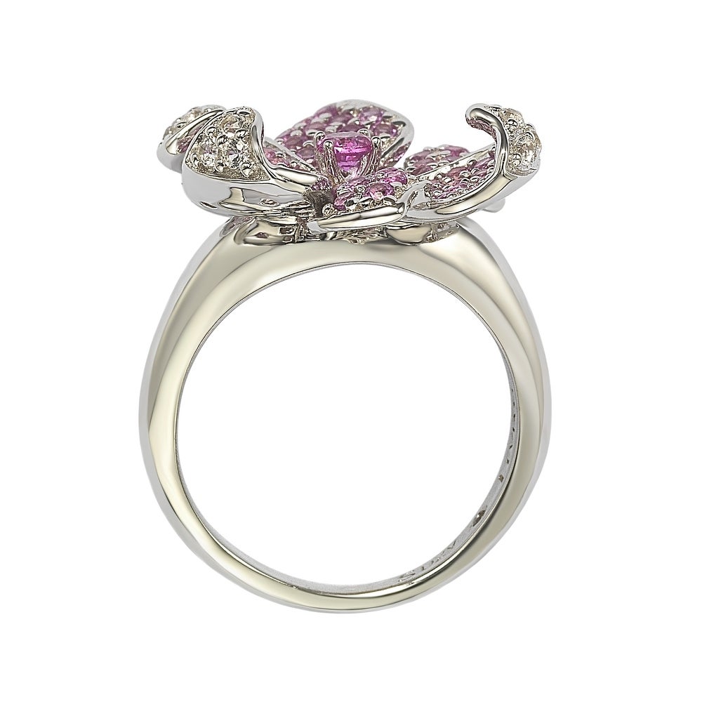 Suzy Levian Pink Sapphire and Diamond Accent in Sterling Silver Flower Petal Ring