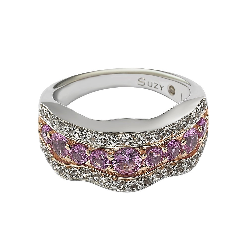 Suzy Levian Pink Sapphire and Diamond Accent in Sterling Silver Wavy Ring