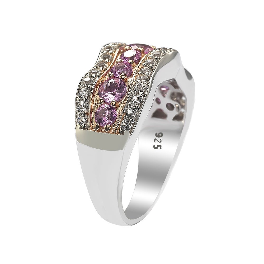 Suzy Levian Pink Sapphire and Diamond Accent in Sterling Silver Wavy Ring