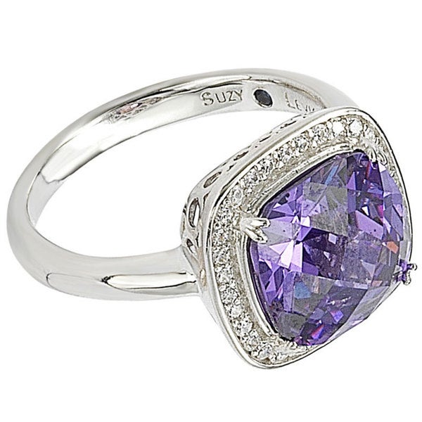 Suzy Levian Sterling Silver Purple and White Cubic Zirconia Halo Ring