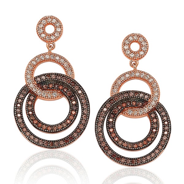Suzy Levian Rose Plated Sterling Silver Brown Cubic Zirconia Circle Drop Dangle Earrings