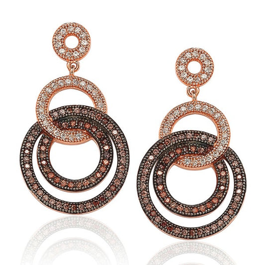 Suzy Levian Rose Plated Sterling Silver Brown Cubic Zirconia Circle Drop Dangle Earrings