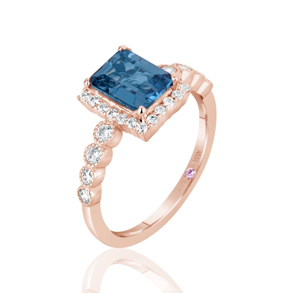 Suzy Levian Rose Sterling Silver Aqua & White Cubic Zirconia Ring