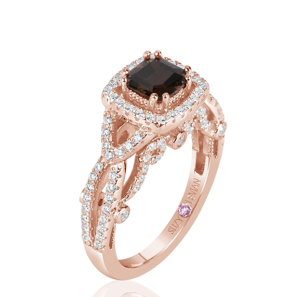 Suzy Levian Rose Sterling Silver Asscher Cut Brown and White Cubic Zirconia Engagement Ring