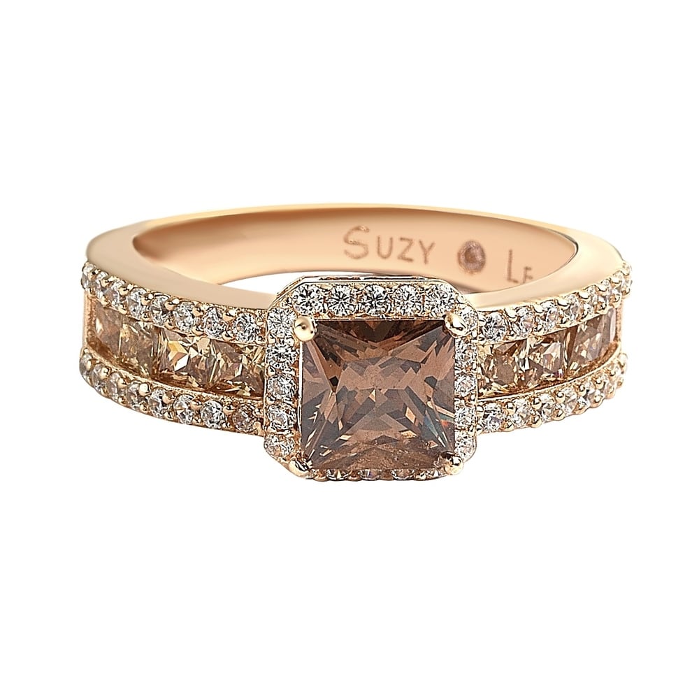 Suzy Levian Rose Sterling Silver Brown Asscher Cut Cubic Zirconia Engagement Ring