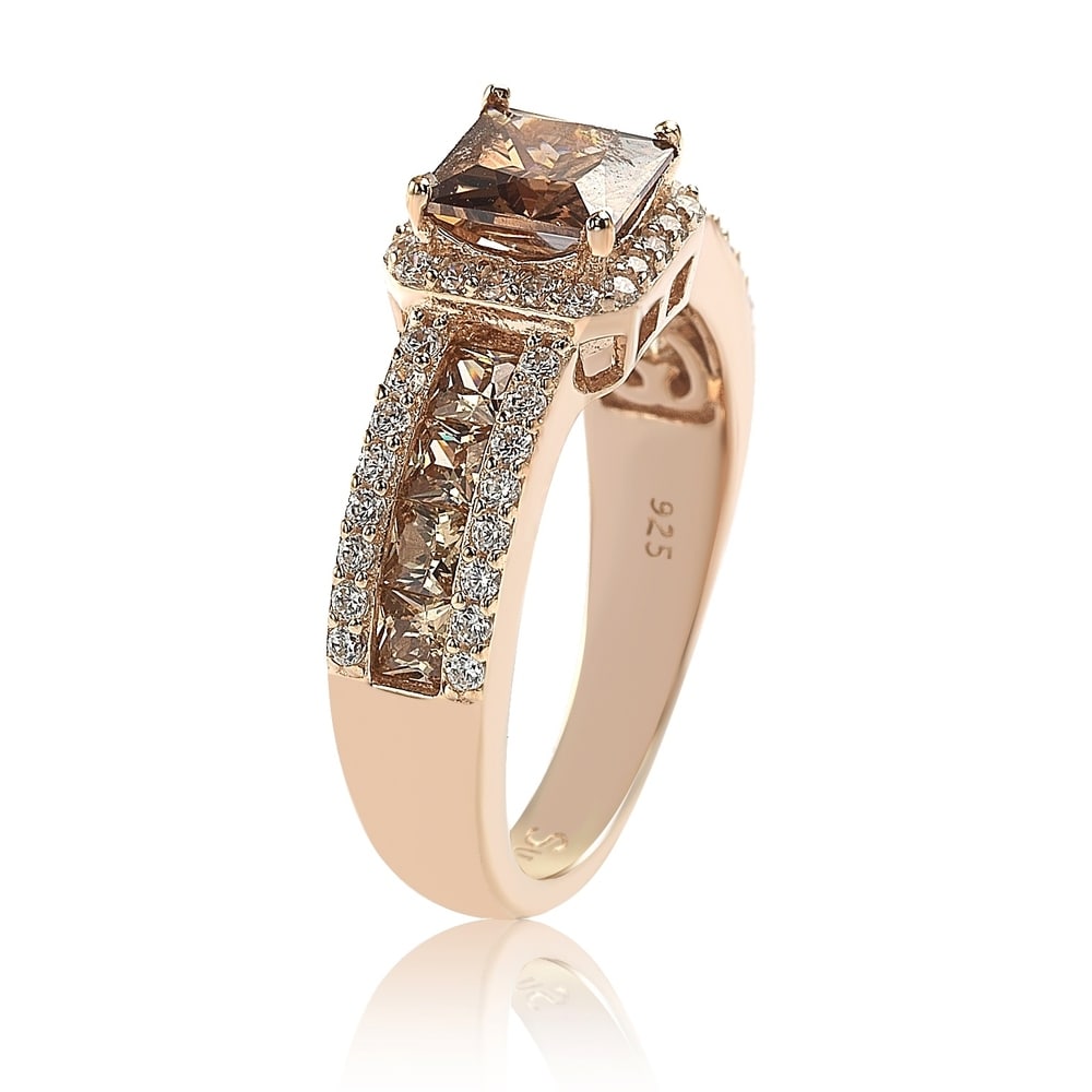 Suzy Levian Rose Sterling Silver Brown Asscher Cut Cubic Zirconia Engagement Ring