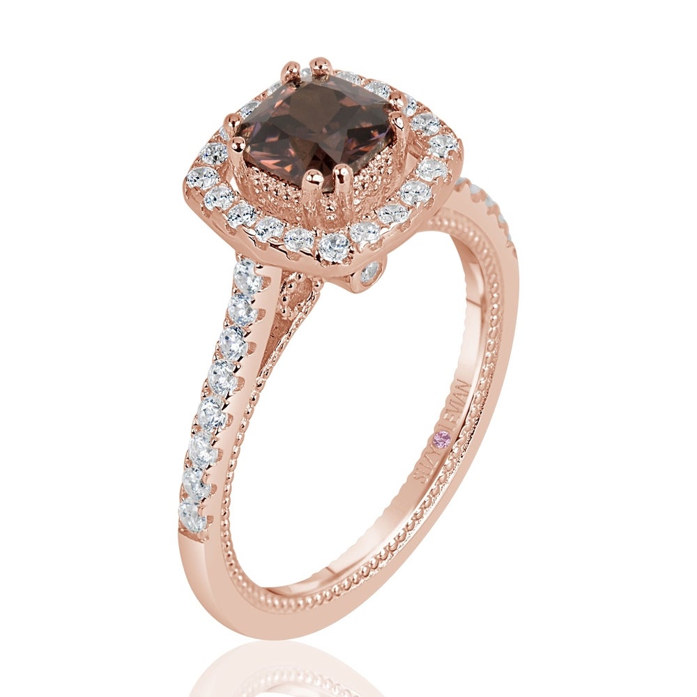 Suzy Levian Rose Sterling Silver Brown Asscher Cut Cubic Zirconia Halo Engagement Ring