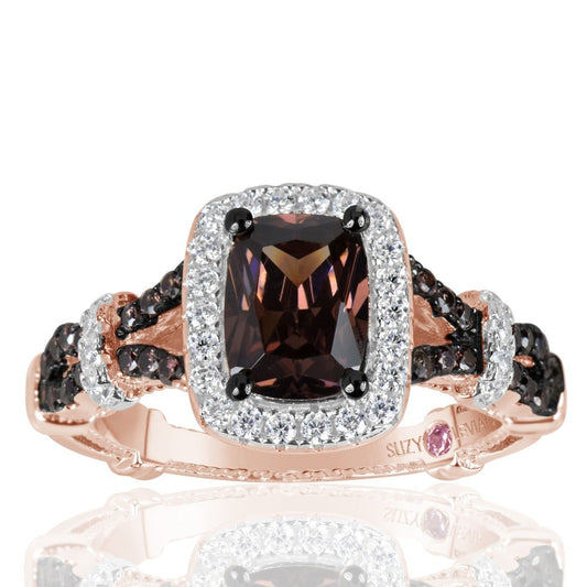 Suzy Levian Rose Sterling Silver Brown and White Cubic Zirconia Engagement Ring