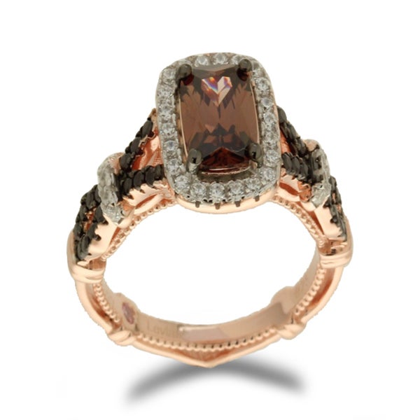 Suzy Levian Rose Sterling Silver Brown and White Cubic Zirconia Engagement Ring