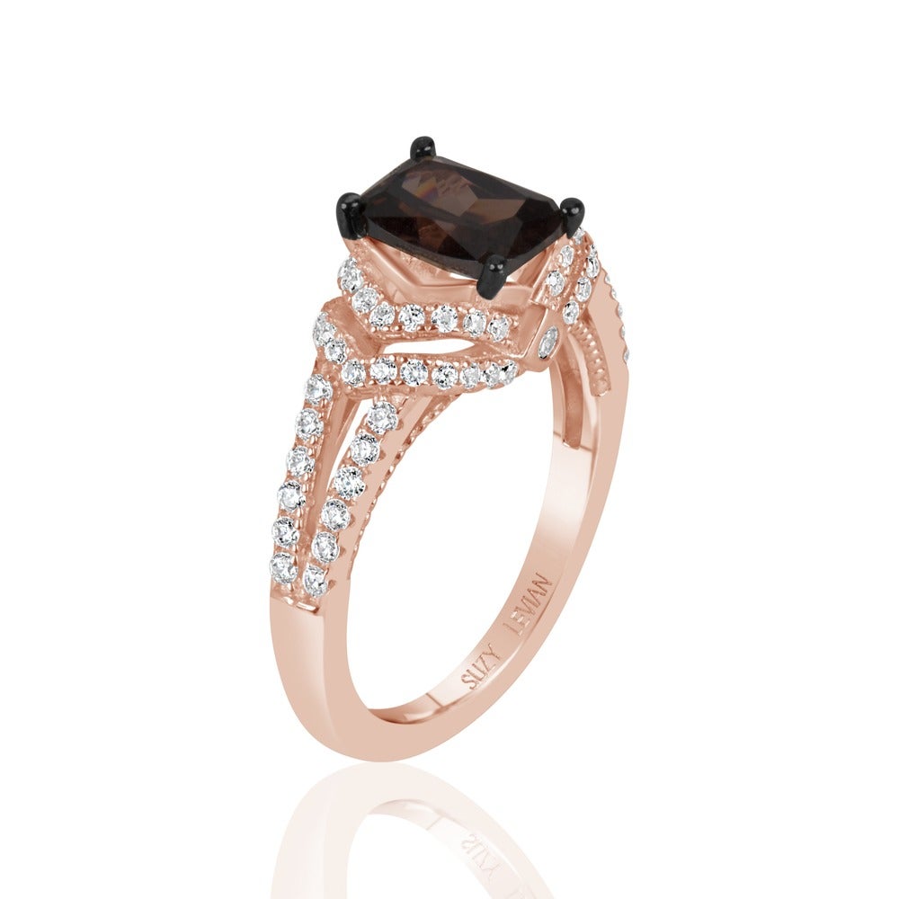 Suzy Levian Rose Sterling Silver Brown and White Cubic Zirconia Ring