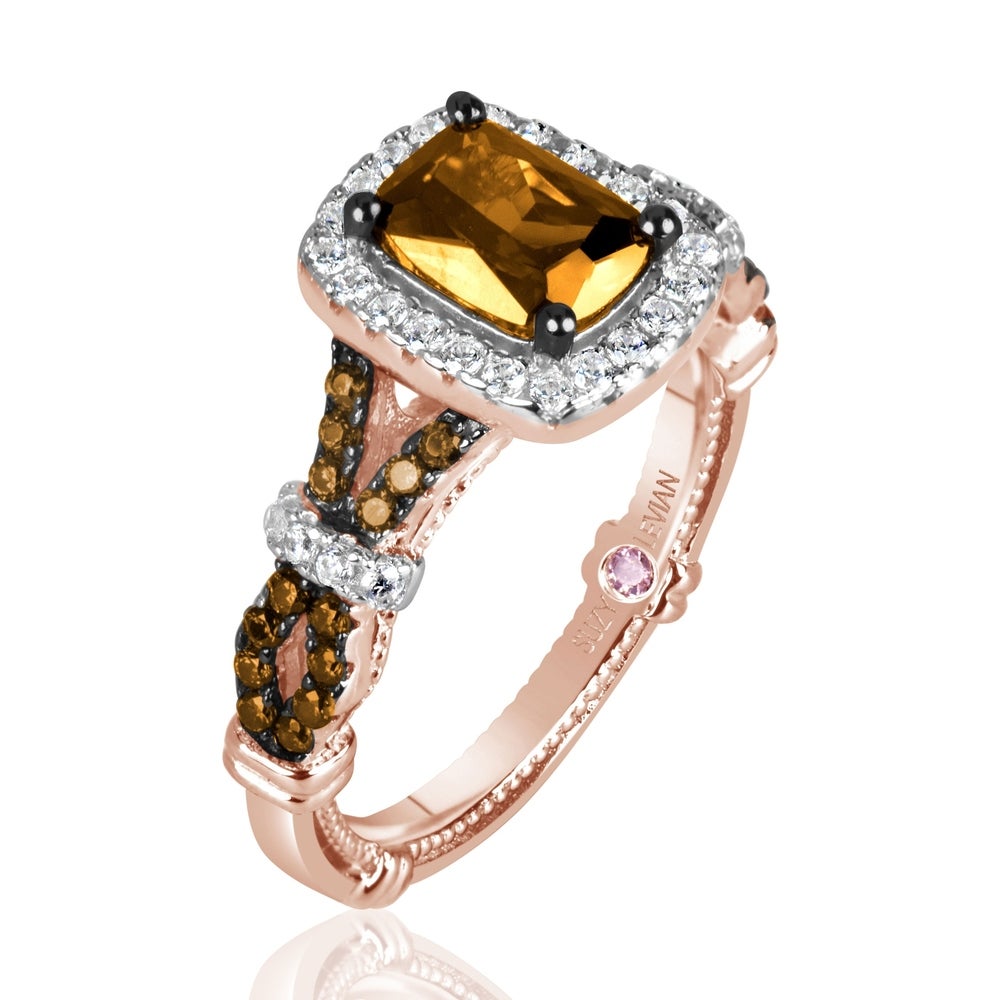 Suzy Levian Rose Sterling Silver Champagne and White Cubic Zirconia Engagement Ring