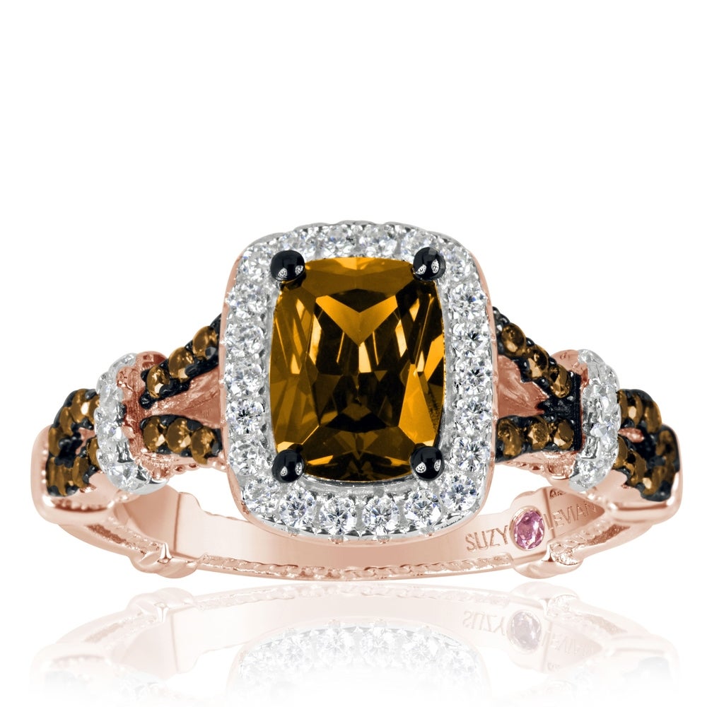 Suzy Levian Rose Sterling Silver Champagne and White Cubic Zirconia Engagement Ring