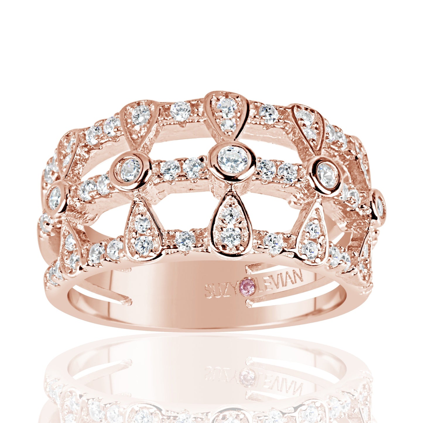 Suzy Levian Rose Sterling Silver Cubic Zirconia Three Row Multi-Shape Ring