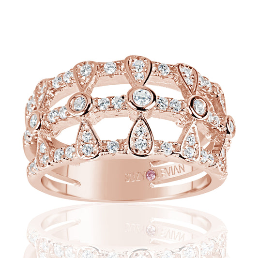 Suzy Levian Rose Sterling Silver Cubic Zirconia Three Row Multi-Shape Ring