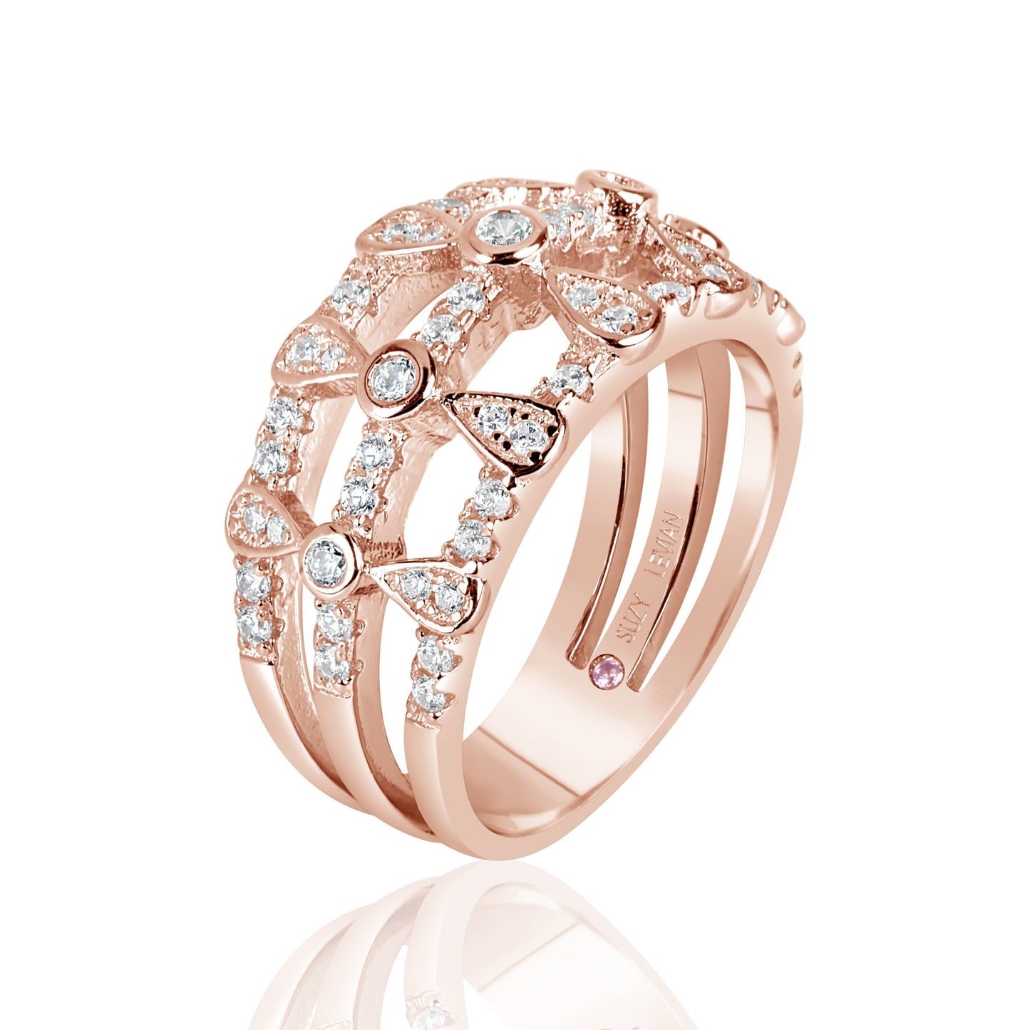 Suzy Levian Rose Sterling Silver Cubic Zirconia Three Row Multi-Shape Ring