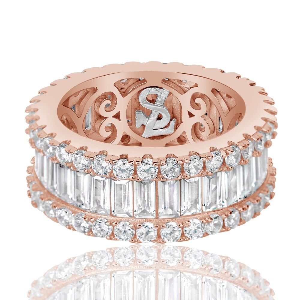 Suzy Levian Rose Sterling Silver Cubic Zirconia White Baguette and Round Wide Eternity Band