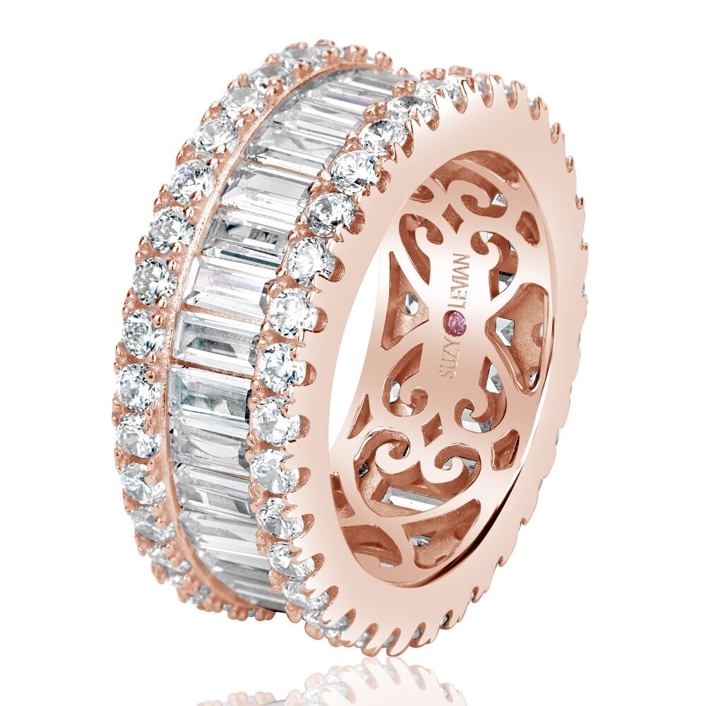 Suzy Levian Rose Sterling Silver Cubic Zirconia White Baguette and Round Wide Eternity Band