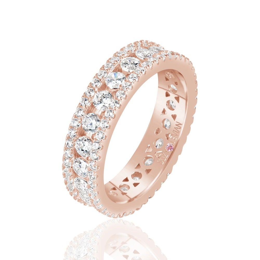Suzy Levian Rose Sterling Silver Cubic Zirconia White Three Row Modern Eternity Band