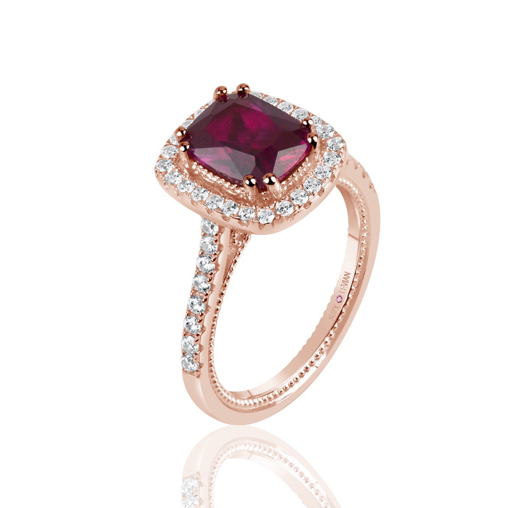 Suzy Levian Rose Sterling Silver Elongated Cushion Cut Created Ruby Engagement Ring