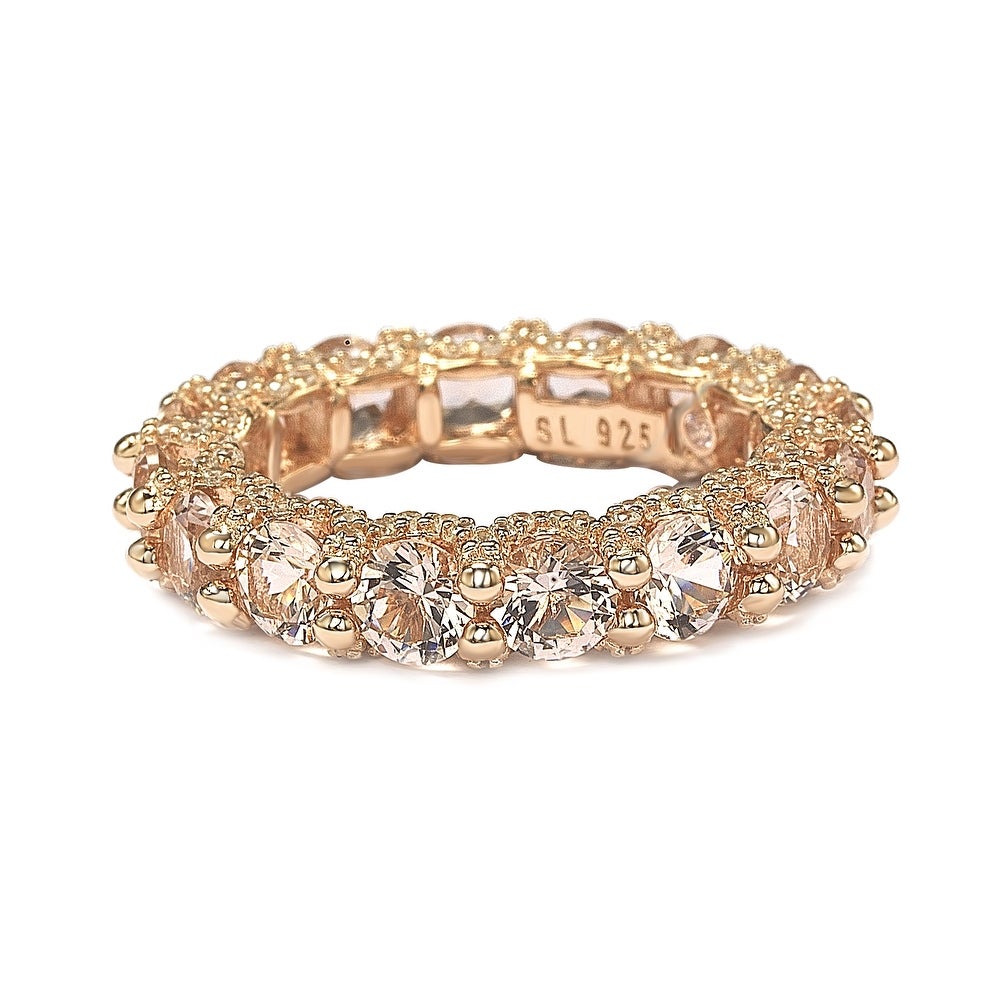 Suzy Levian Rose Sterling Silver Pink Cubic Zirconia Pave U Shape Setting Eternity Band