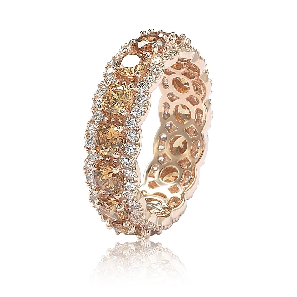 Suzy Levian Rose Sterling Silver Round Cubic Zirconia Champagne and White Eternity Band
