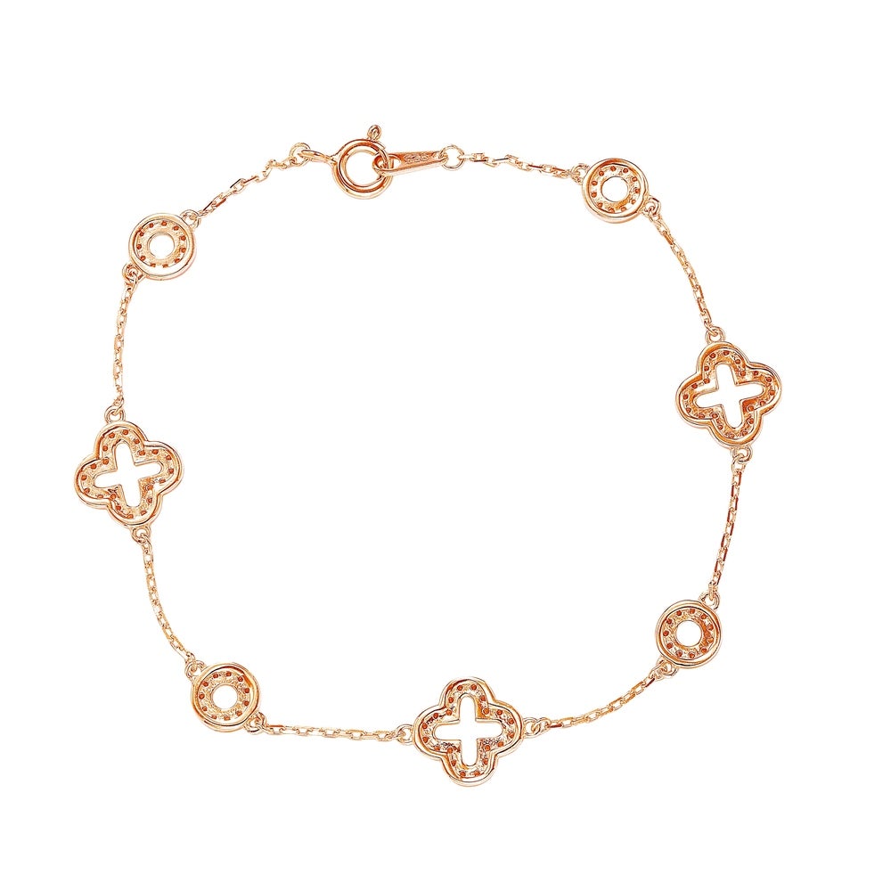 Suzy Levian Rose Sterling Silver White Cubic Zirconia Clover and Circles Bracelet