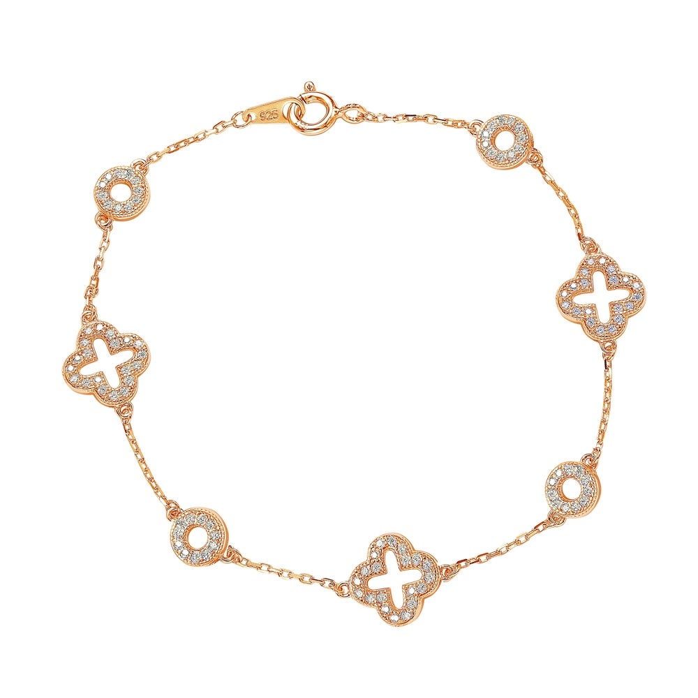 Suzy Levian Rose Sterling Silver White Cubic Zirconia Clover and Circles Bracelet