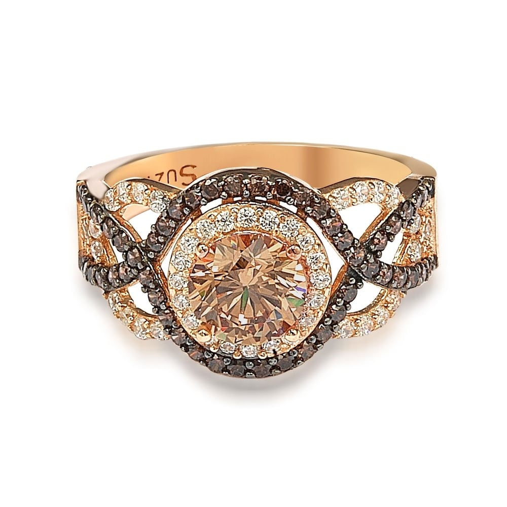 Suzy Levian Rosed Sterling Silver Brown Cubic Zirconia Crossover Bridal Ring