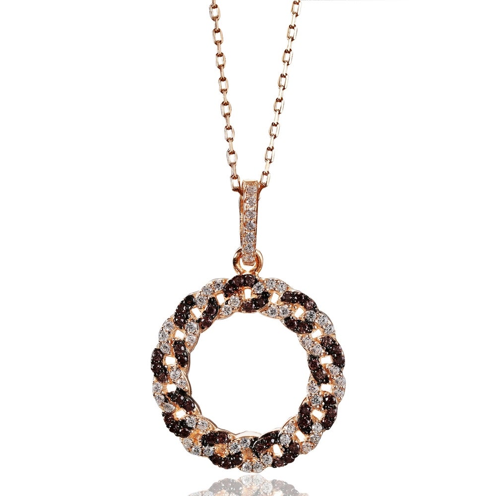 Suzy Levian Rosed Sterling Silver Brown Cubic Zirconia Interlocked Circle Pendant