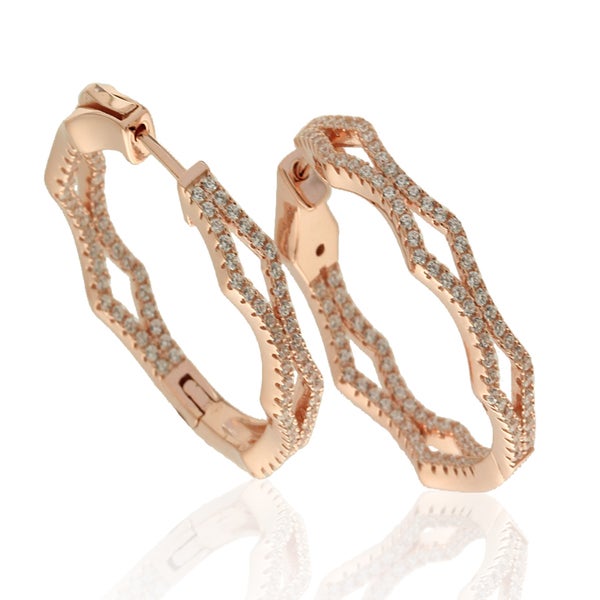 Suzy Levian Rosed Sterling Silver Cubic Zirconia Pave Hoop Earrings