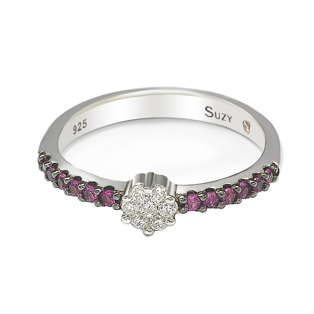 Suzy Levian Red & White Cubic Zirconia Sterling Silver Petite Flower Band