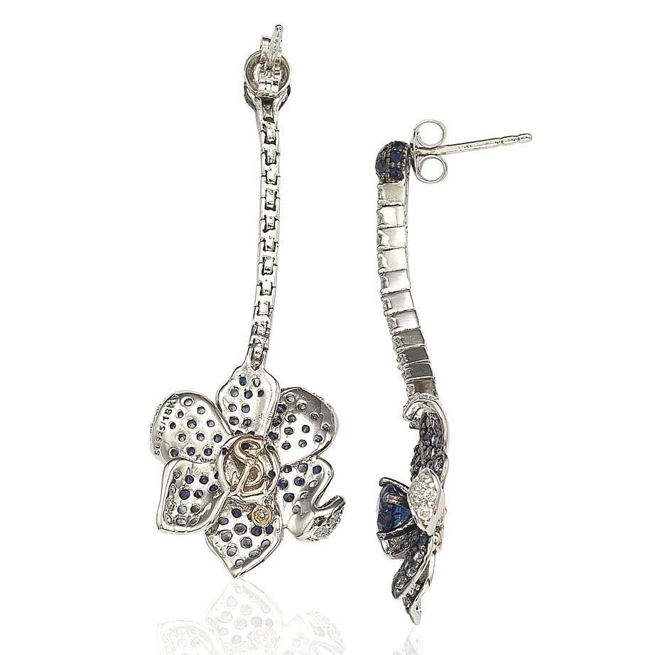 Suzy Levian Sapphire and Diamond in Sterling Silver Flower Earrings