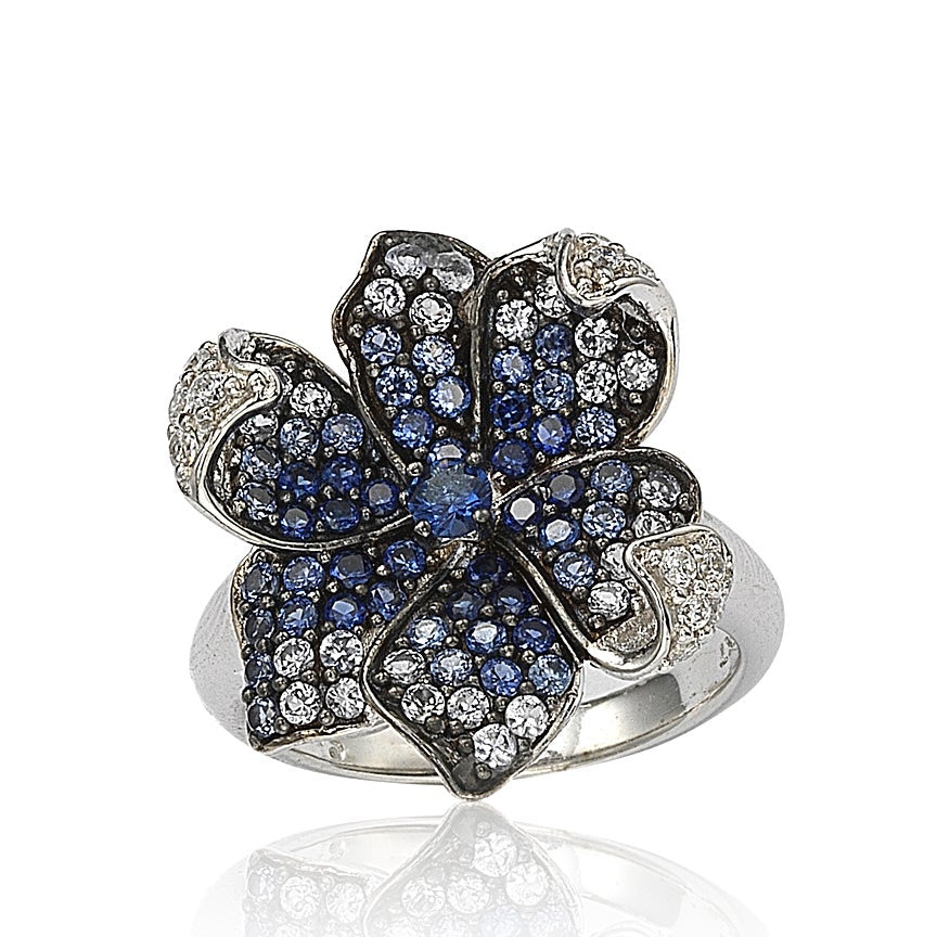 Suzy Levian Sapphire and Diamond in Sterling Silver Flower Petal Ring