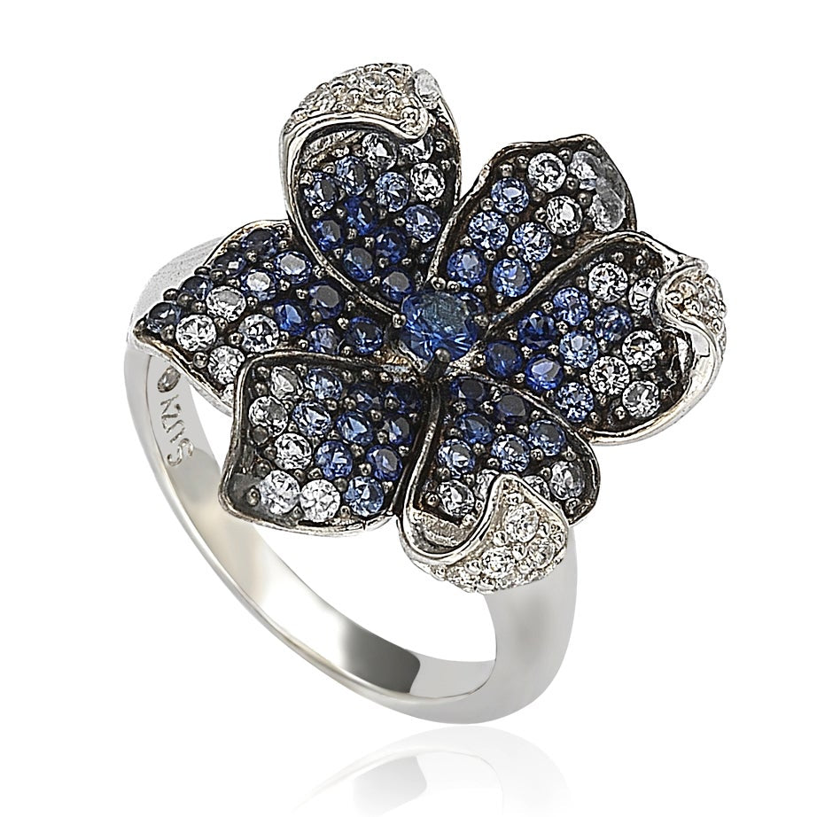 Suzy Levian Sapphire and Diamond in Sterling Silver Flower Petal Ring