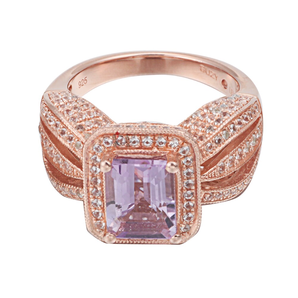 Suzy Levian Sterling Silver 4.3 TCW Emerald-Cut Purple Amethyst Ring