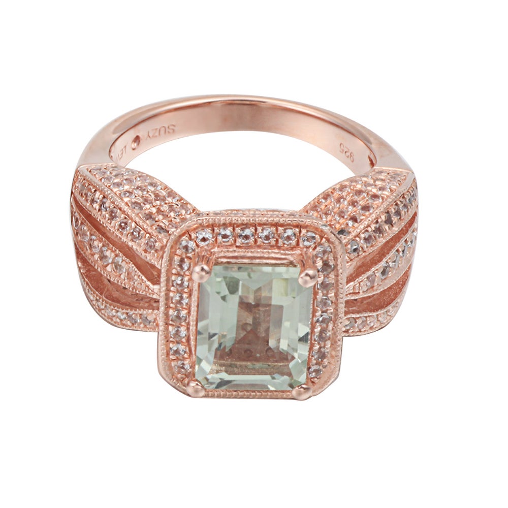 Suzy Levian Sterling Silver 4.6 cttw Emerald-Cut Green Amethyst Ring