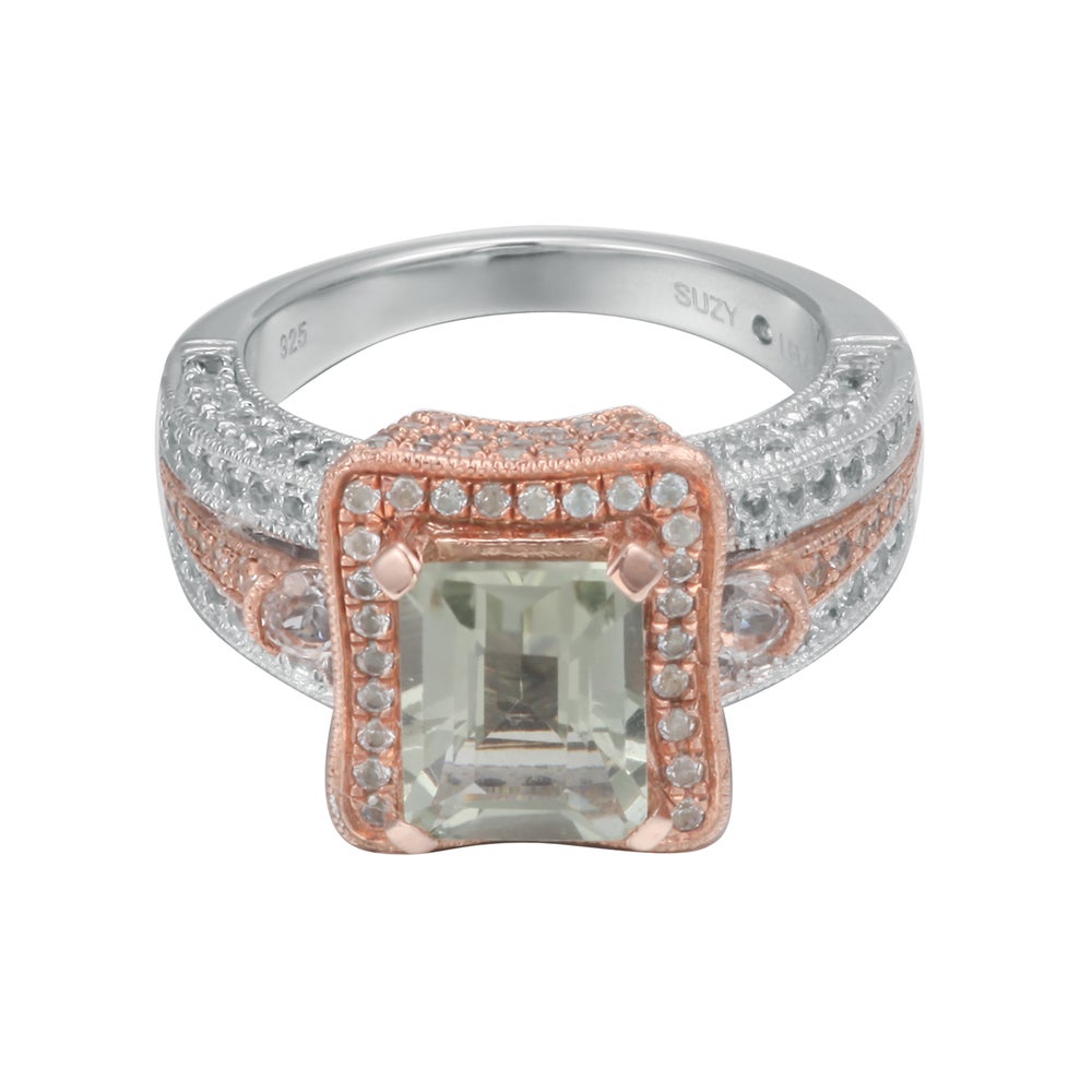 Suzy Levian Sterling Silver 5.5 cttw Green Amethyst Emerald-Cut Ring